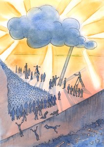 Folk er på vei mot døden og kanskje helvete, 2004 (w/c på papir) av Elizabeth Wang
