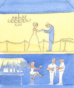 Folk i TV-programmer er avbildet "før" og "etter", ettersom de lærer sosiale ferdigheter, 2004 (w/c på papir) av Elizabeth Wang