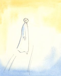 Pave Johannes Paul II svever til værs, etter hans død, og fortsetter raskt inn i himmelen, så fullstendig var hans forening med Gud, og så stor hans hellighet, enkelhet og renhet., 2006 (w/c på papir) av Elizabeth Wang