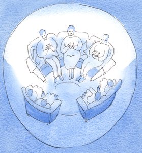 Bønn kan være som et møte mellom medlemmer av en lykkelig, forent familie som sitter sammen, etter en travel dag, i ledsagende stillhet, 2003 (w/c på papir) av Elizabeth Wang