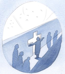 Bønn er som en døråpning der vi tar pause fra aktivitet, for å få kontakt med himmelens liv, 2000 (w/c på papir) av Elizabeth Wang