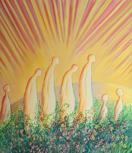 Rensede sjeler går nå på et teppe av blomster i glede og enkelhet, befridd fra all kynisme og hardhjertethet, 2001 (olje om bord) av Elizabeth Wang