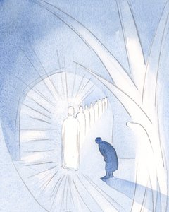 Noen ganger er Kristus tilstede for sjelen, i sin herlighet, tilbedt av vår skytsengel. Vi trenger bare å delta, og forgude, 2000 (w/c på papir) av Elizabeth Wang