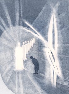 Noen ganger er Kristus tilstede for sjelen, i sin herlighet, tilbedt av vår skytsengel. Vi trenger bare å delta, og forgude, 2000 (w/c på papir) av Elizabeth Wang