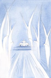 Englene bøyer seg for Kristi offer, samlet rundt ham. Andre bøyer seg i dyp ærbødighet, rundt hele kirken., 2001 (w/c på papir) av Elizabeth Wang
