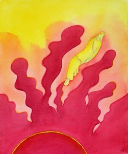 The Assumption of the Blessed Virgin Mary, som ble løftet opp til himmelen av Den Hellige Ånd, 2001 (w/c på papir) av Elizabeth Wang