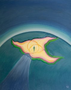 De guddommelige personene er som tre flammer i én ild, hvis nærvær og beskyttelse omslutter oss på vår jordiske reise, 2001 (olje om bord) av Elizabeth Wang