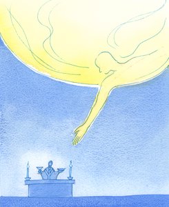 Faderen tar imot våre gaver med brød og vin, som om han lener seg fra himmelen som en snill forelder som tar gaver fra et barn, 2003 (w/c på papir) av Elizabeth Wang