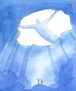 Faderen ser alt som skjer med oss, mens vi lever og arbeider i det jordiske livets «mørke», som i en dyp hule, langt under himmelens herlighet, 2005 (akvarell på papir) av Elizabeth Wang