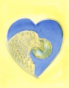 Hjertet til Jesu Kristi, vår Frelser, er så stort at det inneholder hele universet, vår verden og alle på den, 2004 (w/c på papir) av Elizabeth Wang