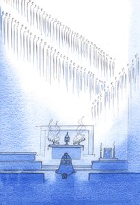 De himmelske vennene hvis liv vi anerkjenner i trosbekjennelsen, er samlet om oss. Vi er én familie, 2002 (w/c på papir) av Elizabeth Wang