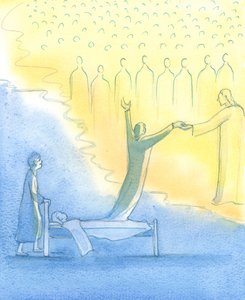 Den hellige sjel som er klar for himmelen møtes ikke bare av Kristus, men også av hans hellige mor og alle de hellige, 2003 (w/c på papir) av Elizabeth Wang
