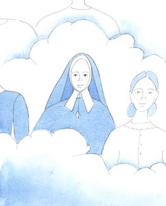 Herren viste meg St. Bernadette, som nå er lykkelig i himmelen sammen med de andre helgenene, etter sitt korte og smertefulle liv, 2005 (akvarell på papir) av Elizabeth Wang