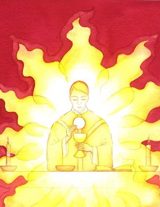 Jesu nærvær i nattverden er som en flammende herlighetsild, 2001 (w/c på papir) av Elizabeth Wang