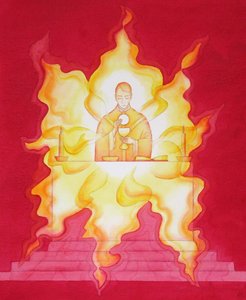 Jesu nærvær i nattverden er som en flammende herlighetsild, 2001 (w/c på papir) av Elizabeth Wang
