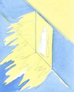Kirkens sakramenter er som en åpen dør, som utøser alle Guds nådegaver som vi trenger for hellighet og frelse, og gjennom hvilken vi møter Kristus., 2003 (w/c på papir) av Elizabeth Wang
