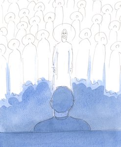 De hellige er rundt oss, sammen med Kristus, mens vi ber; de fryder seg over kjærligheten i våre hjerter, og i alle ærbødige ord og gester når vi ærer dem, og tilber og priser de tre guddommelige personer., av Elizabeth Wang