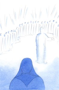 Himmelens hellige gleder seg over vår kjærlighet til Kristus, og over våre gode handlinger, fordi all glede i himmelen er delt, 2002 (w/c på papir) av Elizabeth Wang
