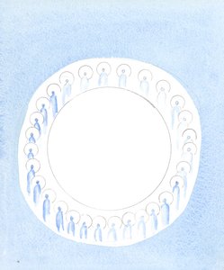 De tre guddommelige personene er forent og aktive i guddommens enhet, som om de kretser rundt i uopphørlig fellesskap, 2003 (w/c på papir) av Elizabeth Wang