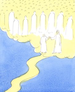 Den velsignede sjelen som har holdt ut til enden, i kjærlighet til Kristus og hennes neste, blir ledet av Kristus, for å møte de himmelske vennene som er samlet for å ønske henne velkommen i deres selskap, 2004 av Elizabeth Wang