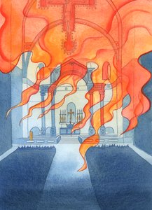 Kirken eller katedralen der katolikker ber hviler i Guds omsorg, 2003 (w/c på papir) av Elizabeth Wang
