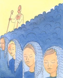 Tildekking og avdekking av hodet er viktig for Bishops, 2004 (w/c på papir) av Elizabeth Wang