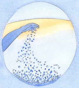 Den onde prøver alltid å besudle det som er godt, å "ødelegge" hvert nye stadie av bønn, som om han kaster skitt i klart vann, 2002 (w/c på papir) av Elizabeth Wang