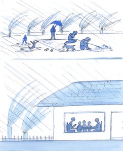Familien som har tak over hodet og et bord å spise på er godt forberedt til hverdag og utdanning, 2003 (w/c på papir) av Elizabeth Wang