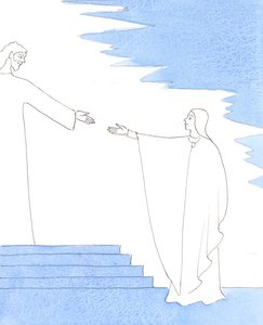 Den velsignede jomfru Marias generøse svar på Guds invitasjon til å bli Guds mor brakte henne mye lidelse - men også enorm glede og herlighet, 2005 (akvarell på papir) av Elizabeth Wang