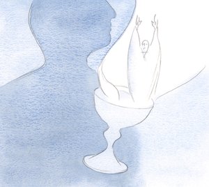 Hjertet er som en kalk når det blir ofret til Faderen som inneholder Kristus det plettfrie offer og offer., 2001 (w/c på papir) av Elizabeth Wang