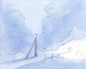 Den utålmodige sjelen (Kristus viste meg) bygger et høyt tårn, anstrenger seg etter lys, i stedet for å følge den lave, smale veien jevnt., 2001 (w/c på papir) av Elizabeth Wang