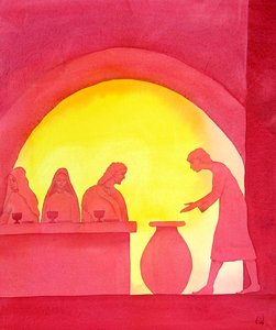 The miracle at Cana, 2001 (w/c på papir) av Elizabeth Wang