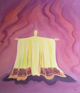 Jesu bønn i messen er som et telt som gir ly og beskytter oss i ørkenen av daglige kamper og fristelser, 2001 (olje om bord) av Elizabeth Wang