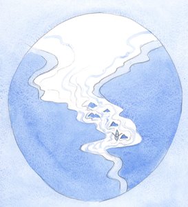 Sjelen som gir seg helt til Gud er som en liten båt som virvler rundt fristelsens steiner uten fare, 2000 (w/c på papir) av Elizabeth Wang