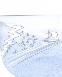 Sjelen som stoler på Kristus er som et skip hvis seil er fylt med nådens vind, som trekker andre i kjølvannet., 2001 (w/c på papir) av Elizabeth Wang