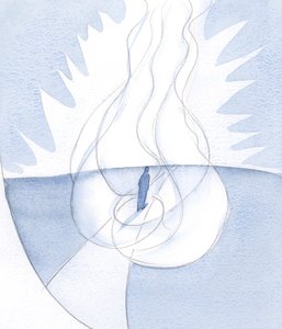 Sjelen hvis vilje er i samsvar med Guds, er foldet sammen i Guds kjærlighet: ledet av Kristus, ledet av Ånden, går til Faderen; Three Persons Giving One Flame, 2001 (w/c på papir) av Elizabeth Wang
