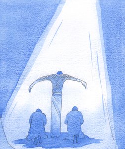 Den lidende Frelseren står, med utstrakte armer, for å gi ly til angrende mennesker; og Faderen ser kjærlig fra himmelen, på sin sønn, 2002 (w/c på papir) av Elizabeth Wang