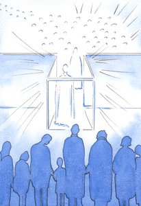Tabernaklet er som en gang til himmelen hvor vi kan møte Kristus og hans hellige og forberede oss til himmelen ved livets slutt, 2002 (w/c på papir) av Elizabeth Wang