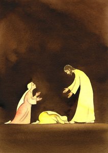 The two Marys with the Risen Christ, 2001 (w/c på papir) av Elizabeth Wang