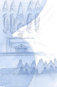 Hele kirkebygningen myldrer av engler; vi børster dem i hvert øyeblikk., 2001 (w/c på papir) av Elizabeth Wang