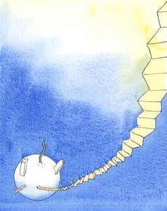 Det har vært mange forsøk gjort av menn for å nå himmelen, 2004 (w/c på papir) av Elizabeth Wang