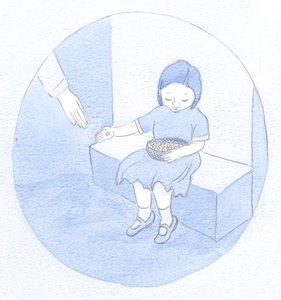 Dette er min nåværende oppgave, lærte jeg: Som et barn som deler ut perler fra en kurv, uvitende om sin store verdi, men deler sin skjønnhet., 2001 (w/c på papir) av Elizabeth Wang