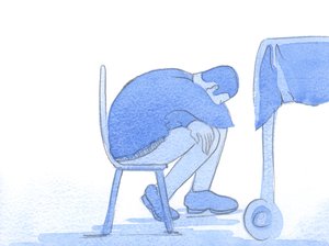 Dette er det vi ser i et ømt blikk: tristhet, kjærlighet og sorg for en annen i nød, som kaller fra oss praktisk hjelp og mild trøst, 2002 (w/c på papir) av Elizabeth Wang