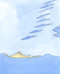 De i kirken som er stolte eller ambisiøse er som fisker som suser begeistret rundt og reiser langt, men er i fare for større fisk, 2003 (w/c på papir) av Elizabeth Wang