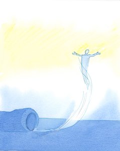 De som av kjærlighet til Gud har utholdt åndelig mørke i tålmodighet, bringes til slutt til å "fly" i bønn langt over hverdagens bekymringer, 2003 (w/c på papir) av Elizabeth Wang
