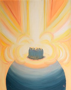Gjennom Kristus omslutter himmelens lys oss ved hver messe, 2000 (olje om bord) av Elizabeth Wang
