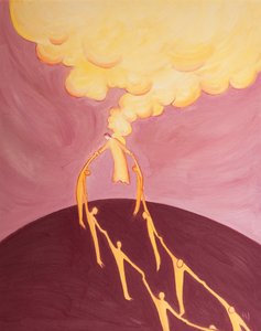 Gjennom sin himmelfart gir Kristus en mektig kobling mellom mennesker og Gud fordi han er både sann Gud og sant menneske, 2002 (olje om bord) av Elizabeth Wang