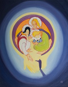 Gjennom omvendelse og tro på Kristus lar vi ham trekke oss inn i hjertet av den hellige treenighet, 2001 (olje om bord) av Elizabeth Wang