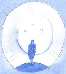 Gjennom de hellige sakramenter mottar vi himmelsk nåde, og blir brakt som til "kanten" av himmelen og puster inn Kristi luft, 2002 (w/c på papir) av Elizabeth Wang