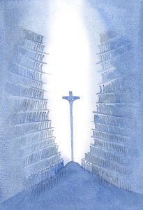 Gjennom messen er hver generasjon av Guds folk tilstede for det ene offeret til Kristus slik det er representert på alteret., 2001 (w/c på papir) av Elizabeth Wang